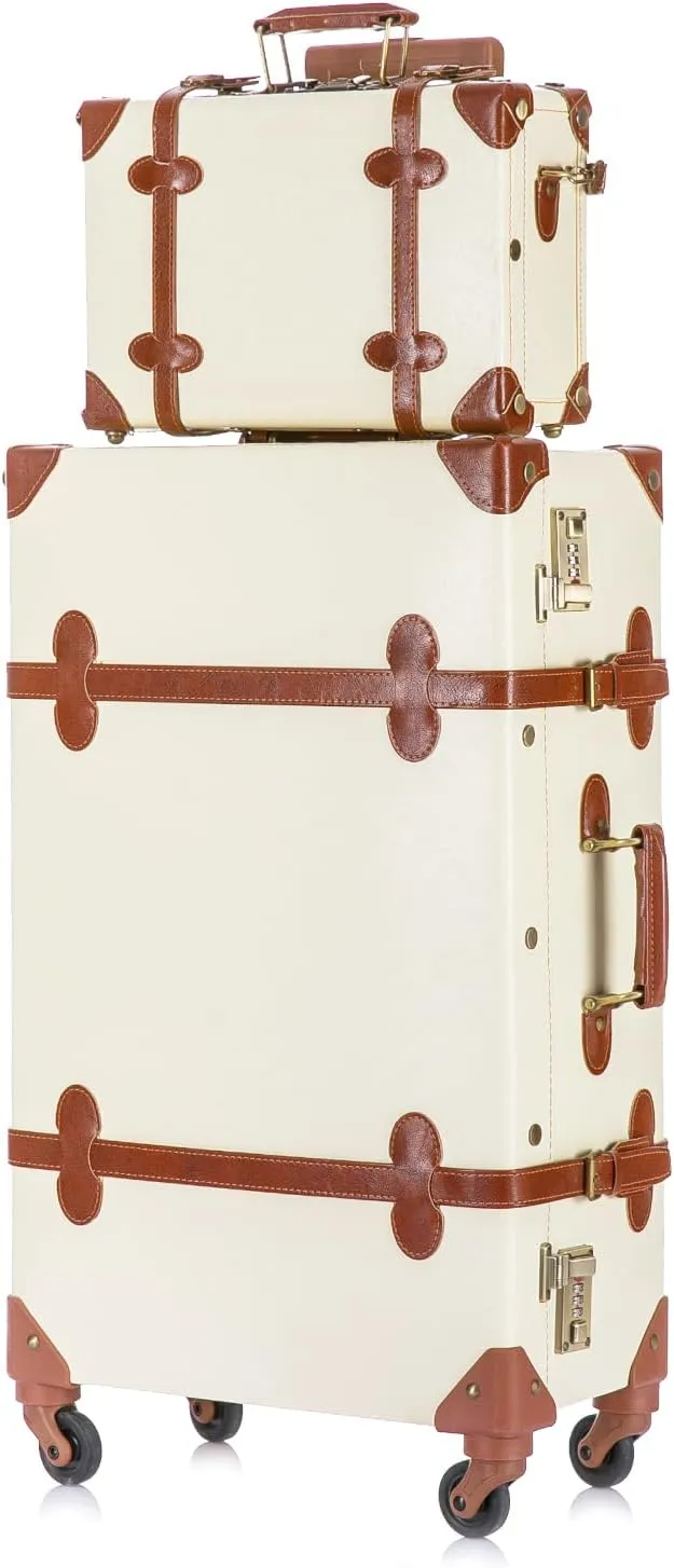 UNIWALKER Vintage Suitcase Set for Women, 2 Piece Handcraft Faux Leather Spinner Trunk Luggage with Cosmetic Train Case, 24" 12", Beige