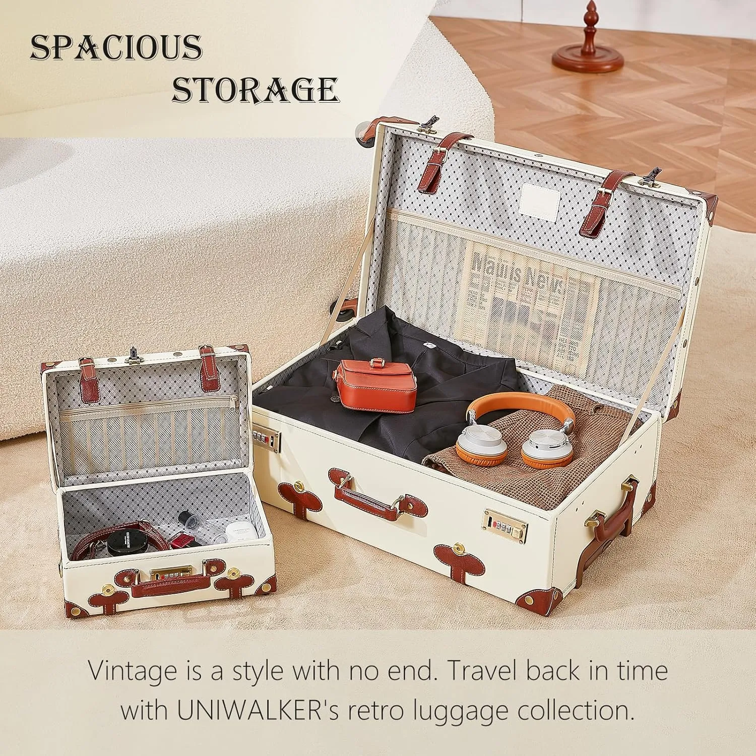 UNIWALKER Vintage Suitcase Set for Women, 2 Piece Handcraft Faux Leather Spinner Trunk Luggage with Cosmetic Train Case, 24" 12", Beige