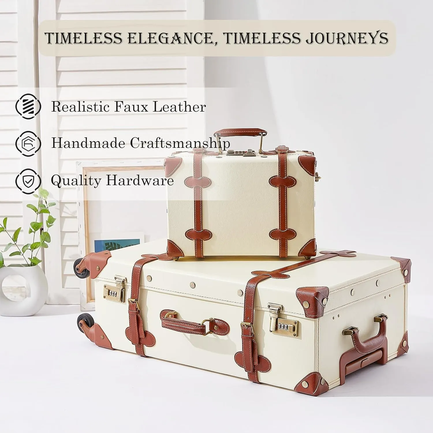 UNIWALKER Vintage Suitcase Set for Women, 2 Piece Handcraft Faux Leather Spinner Trunk Luggage with Cosmetic Train Case, 24" 12", Beige