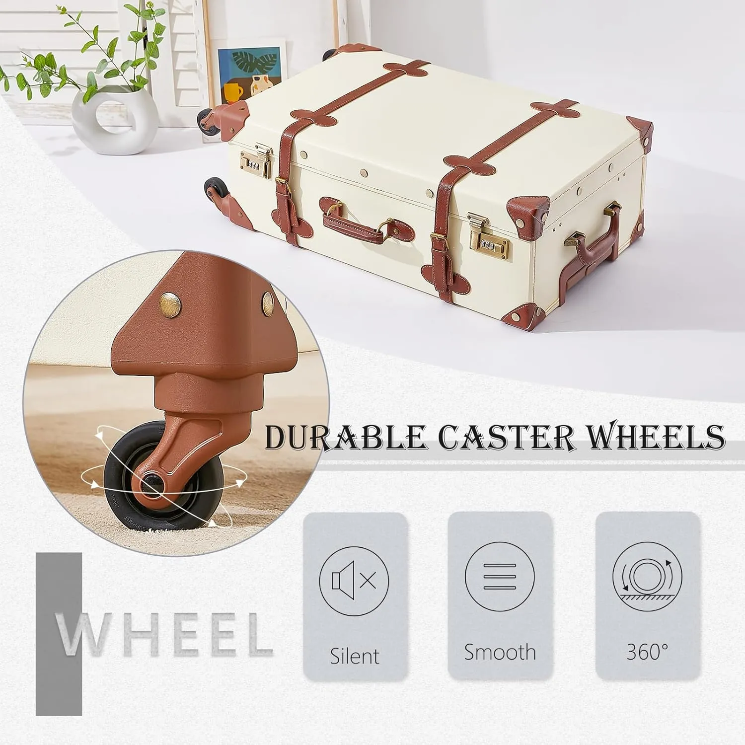 UNIWALKER Vintage Suitcase Set for Women, 2 Piece Handcraft Faux Leather Spinner Trunk Luggage with Cosmetic Train Case, 24" 12", Beige