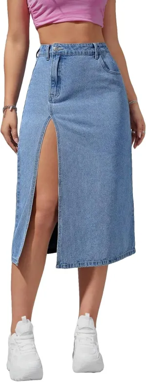 Verdusa Women's High Waisted Denim Midi Skirts Split Jean Skirts with Pockets