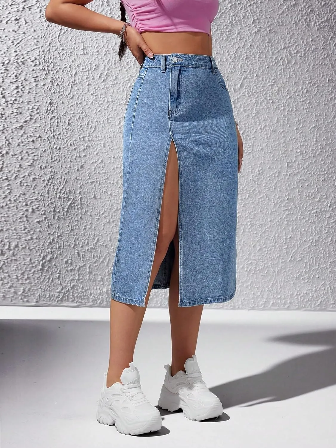 Verdusa Women's High Waisted Denim Midi Skirts Split Jean Skirts with Pockets