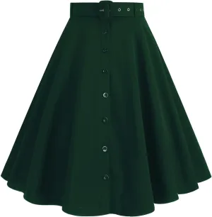 Vintage Button Down Ruffle Midi Skirt for Women High Waist Pleated Knee Length Skirt Casual Business A Line Skirts