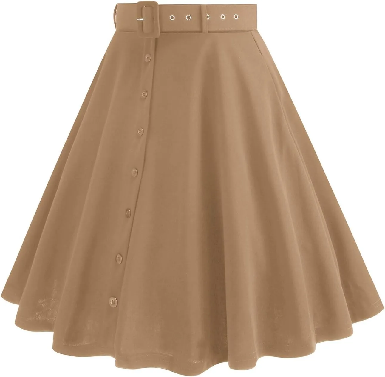Vintage Button Down Ruffle Midi Skirt for Women High Waist Pleated Knee Length Skirt Casual Business A Line Skirts
