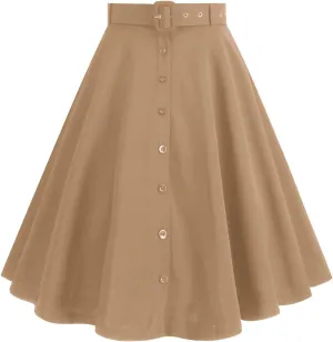 Vintage Button Down Ruffle Midi Skirt for Women High Waist Pleated Knee Length Skirt Casual Business A Line Skirts