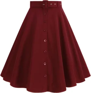 Vintage Button Down Ruffle Midi Skirt for Women High Waist Pleated Knee Length Skirt Casual Business A Line Skirts