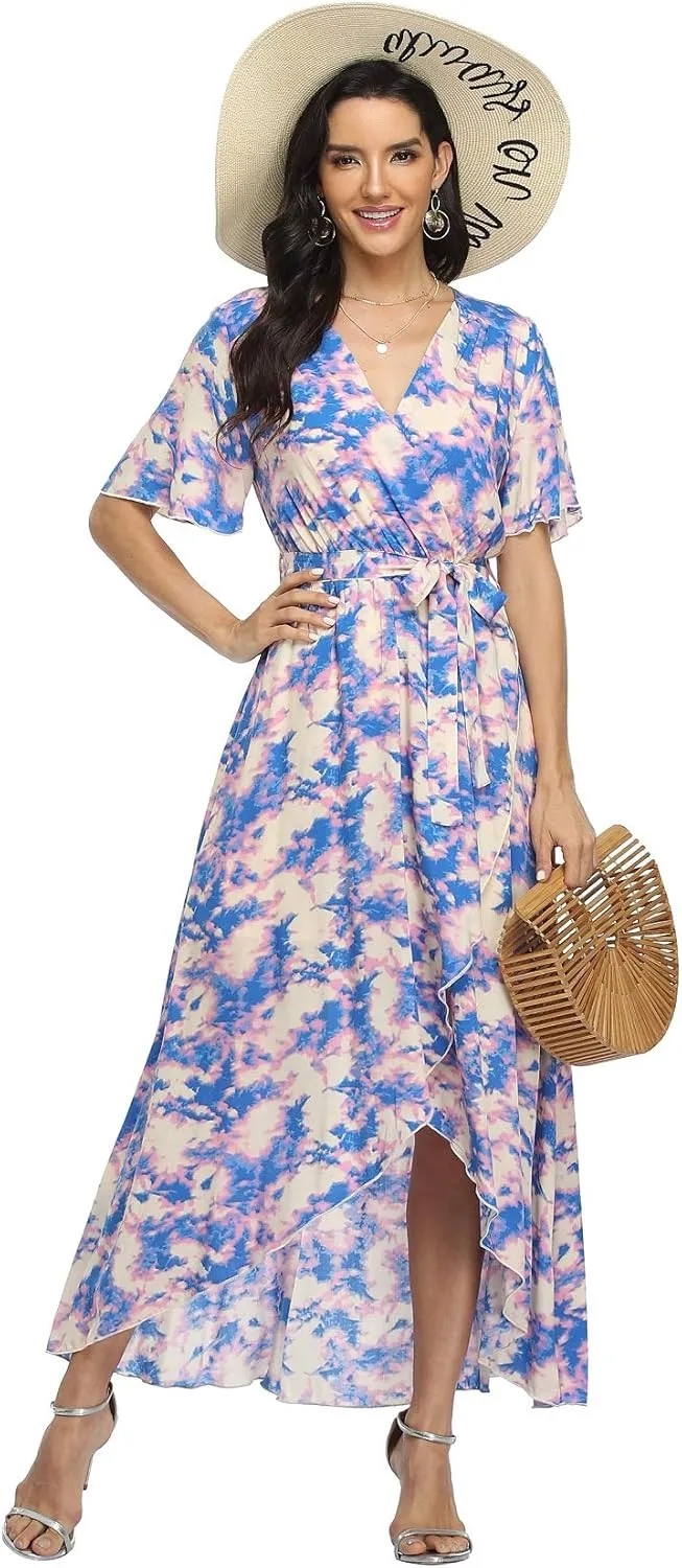 VintageClothing Women's Wrap V Neck Floral Summer Dresses High Low Maxi Casual