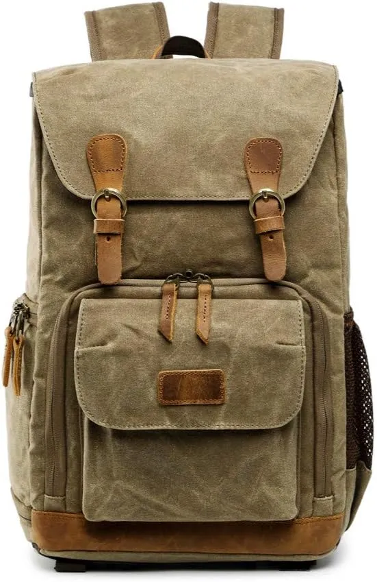 Waterproof Shock-Resistant Canvas Camera Bag Retro Style Travel Backpack (Khaki)