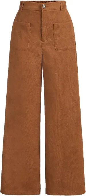 WDIRARA Girl's Solid Corduroy Wide Leg Pants Button Front Zipper Straight Pants with Pockets