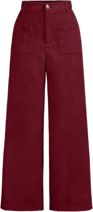 WDIRARA Girl's Solid Corduroy Wide Leg Pants Button Front Zipper Straight Pants with Pockets