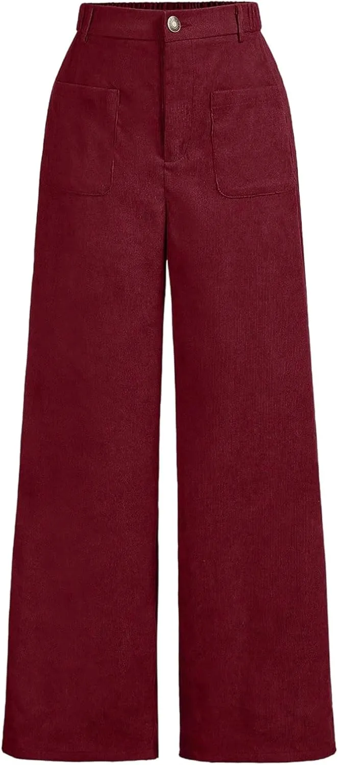 WDIRARA Girl's Solid Corduroy Wide Leg Pants Button Front Zipper Straight Pants with Pockets