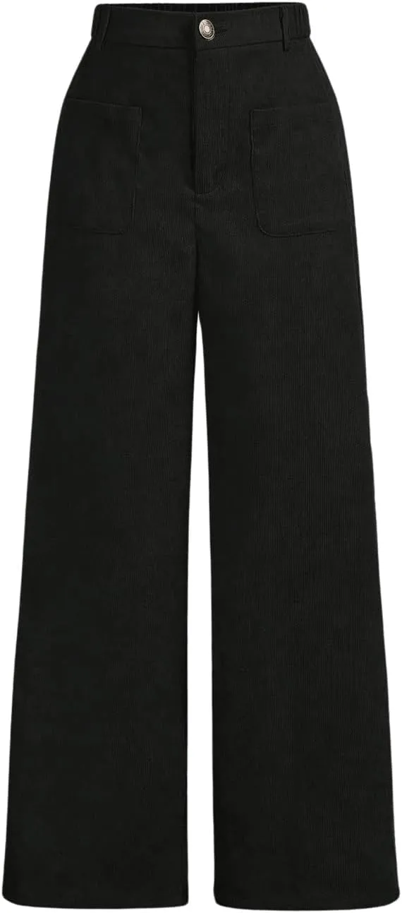 WDIRARA Girl's Solid Corduroy Wide Leg Pants Button Front Zipper Straight Pants with Pockets
