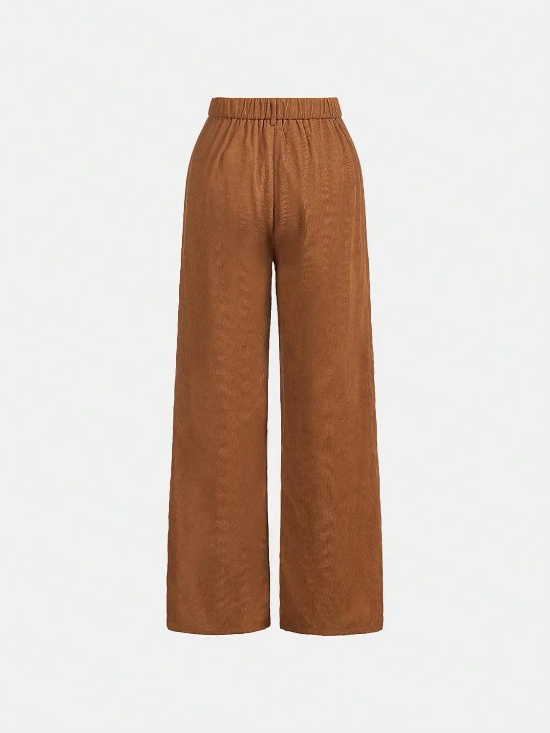 WDIRARA Girl's Solid Corduroy Wide Leg Pants Button Front Zipper Straight Pants with Pockets