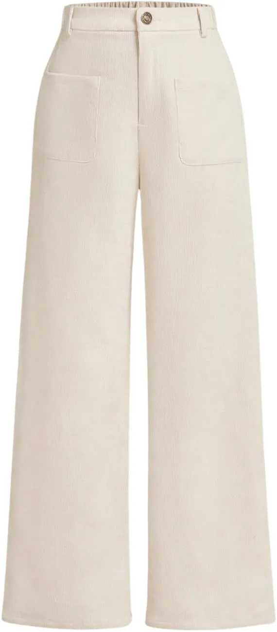 WDIRARA Girl's Solid Corduroy Wide Leg Pants Button Front Zipper Straight Pants with Pockets