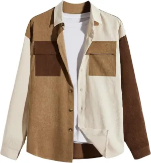 WDIRARA Men's Corduroy Button Down Long Sleeve Colorblock Shirt Collar Tops