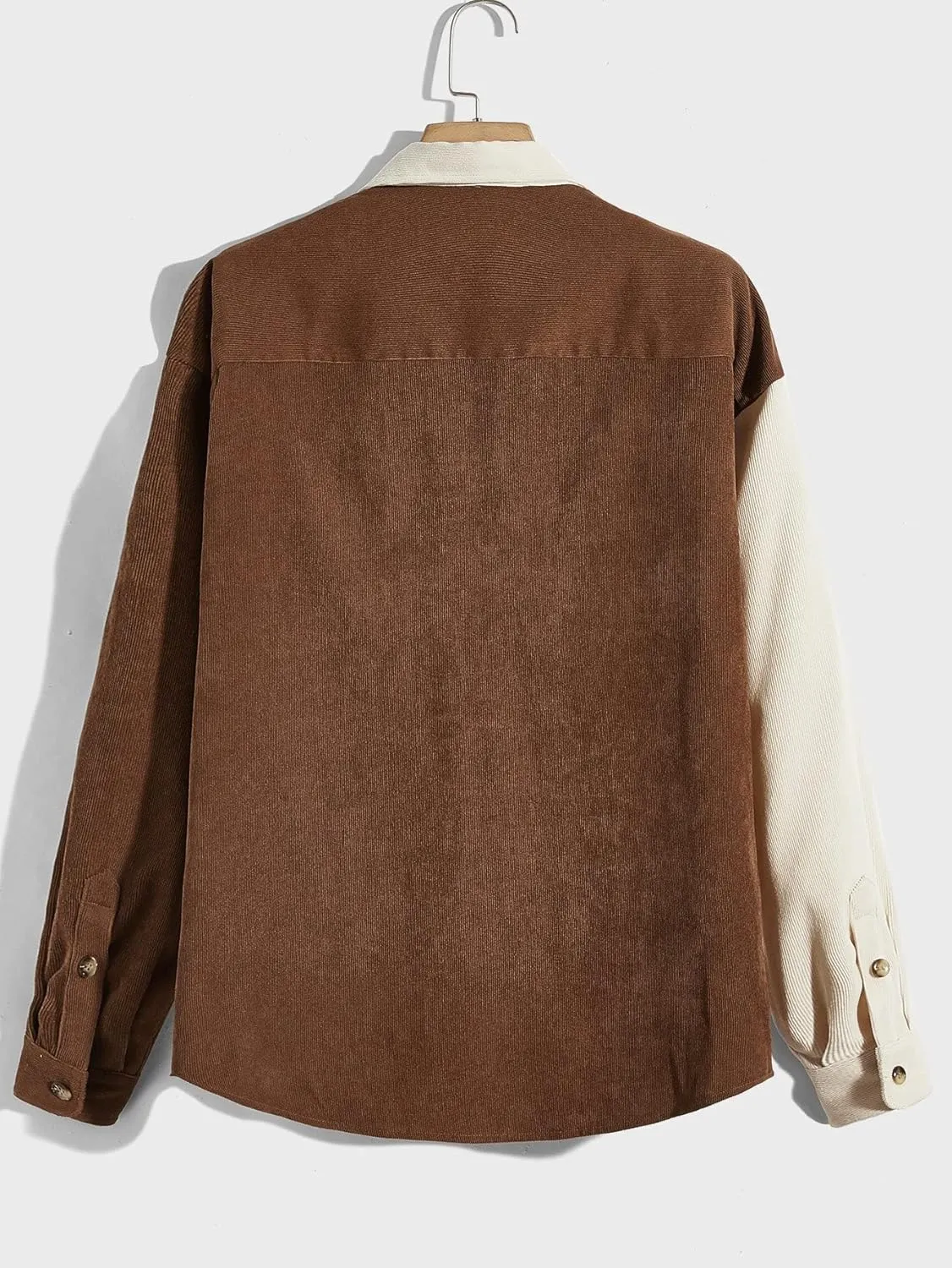 WDIRARA Men's Corduroy Button Down Long Sleeve Colorblock Shirt Collar Tops