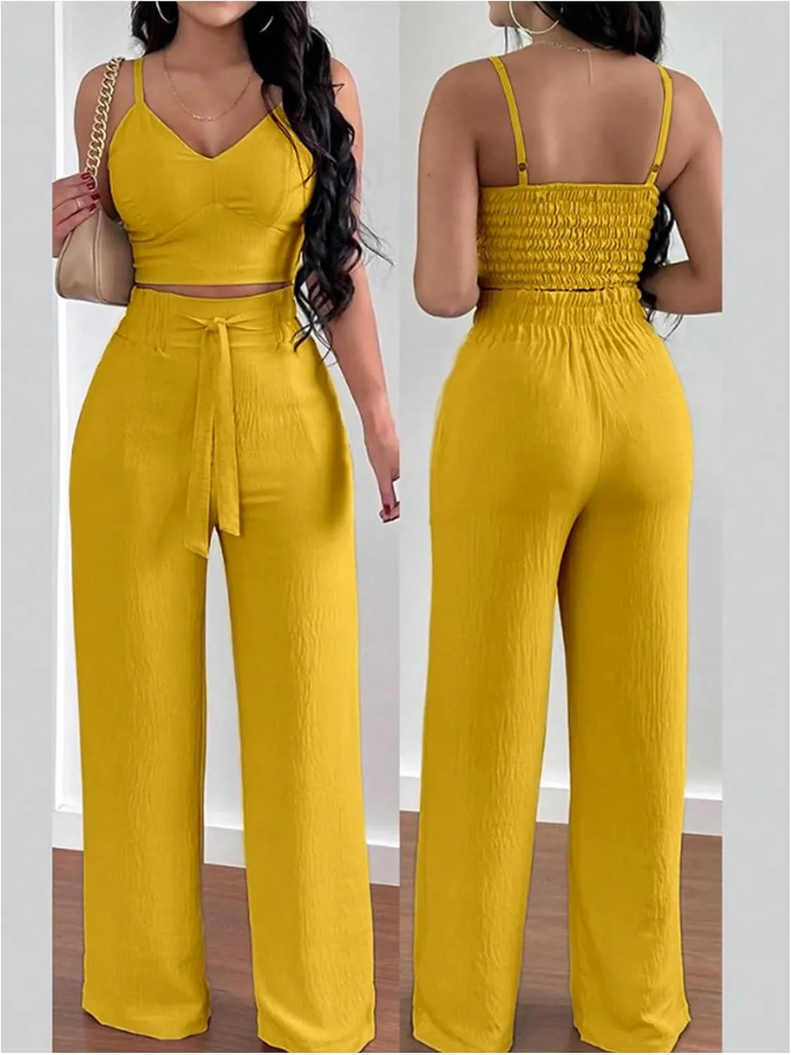 WDIRARA Women's 2 Piece Outfits V Neck Shirred Crop Cami Top and Belted Wide Leg Pants Set