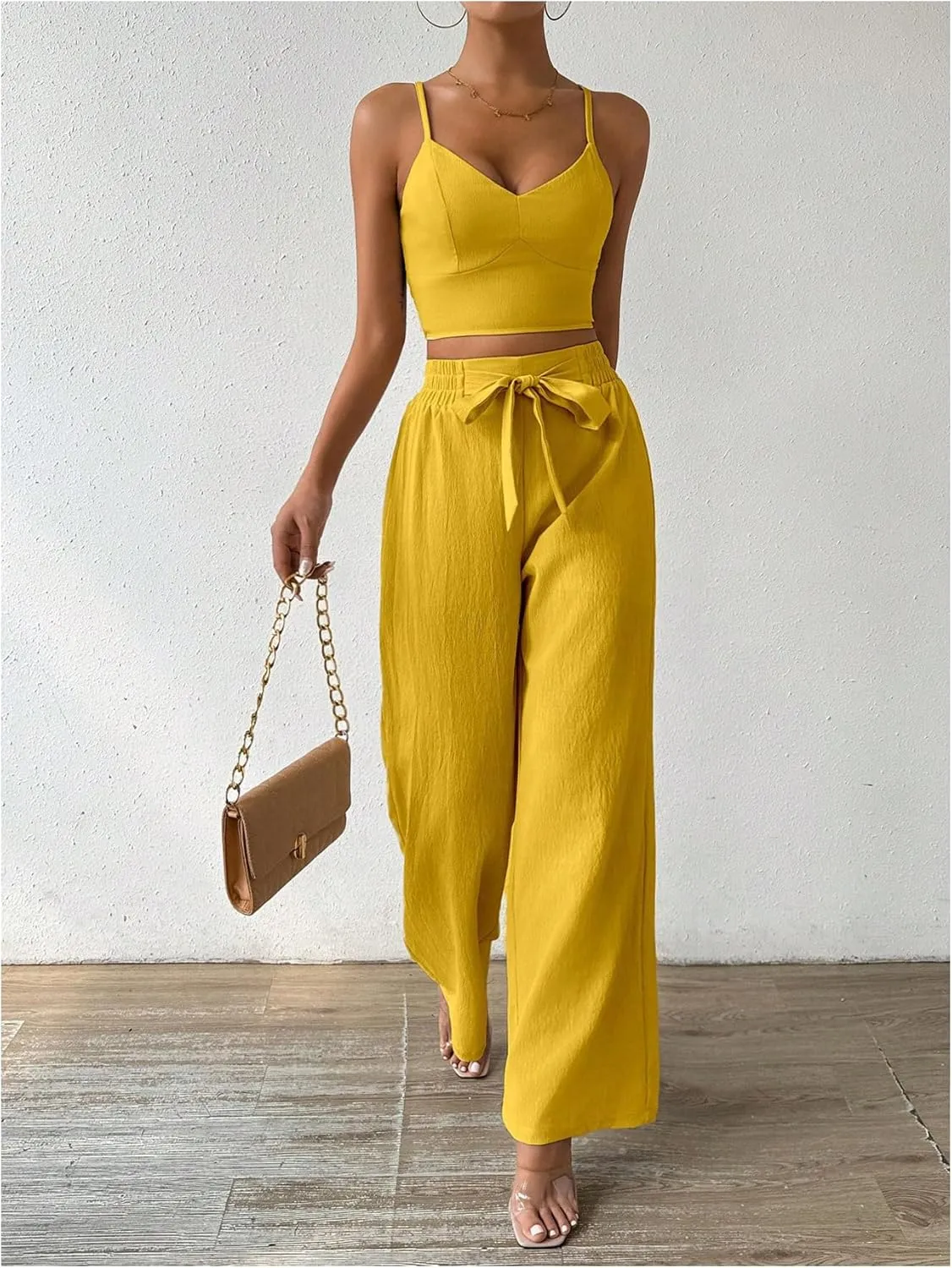 WDIRARA Women's 2 Piece Outfits V Neck Shirred Crop Cami Top and Belted Wide Leg Pants Set