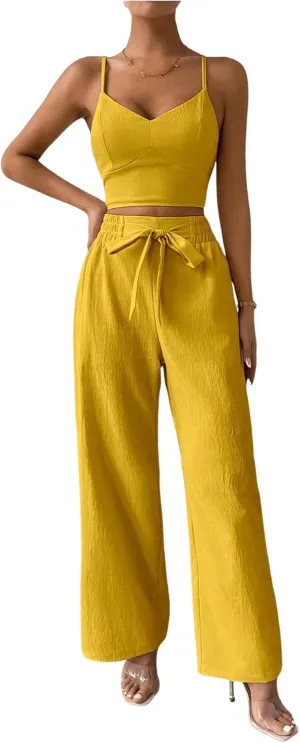 WDIRARA Women's 2 Piece Outfits V Neck Shirred Crop Cami Top and Belted Wide Leg Pants Set