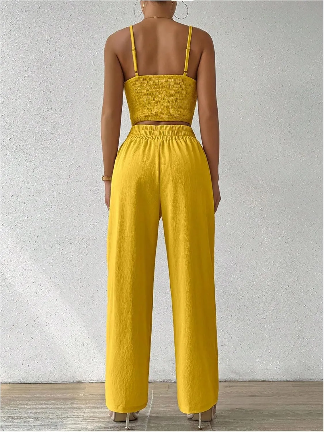WDIRARA Women's 2 Piece Outfits V Neck Shirred Crop Cami Top and Belted Wide Leg Pants Set