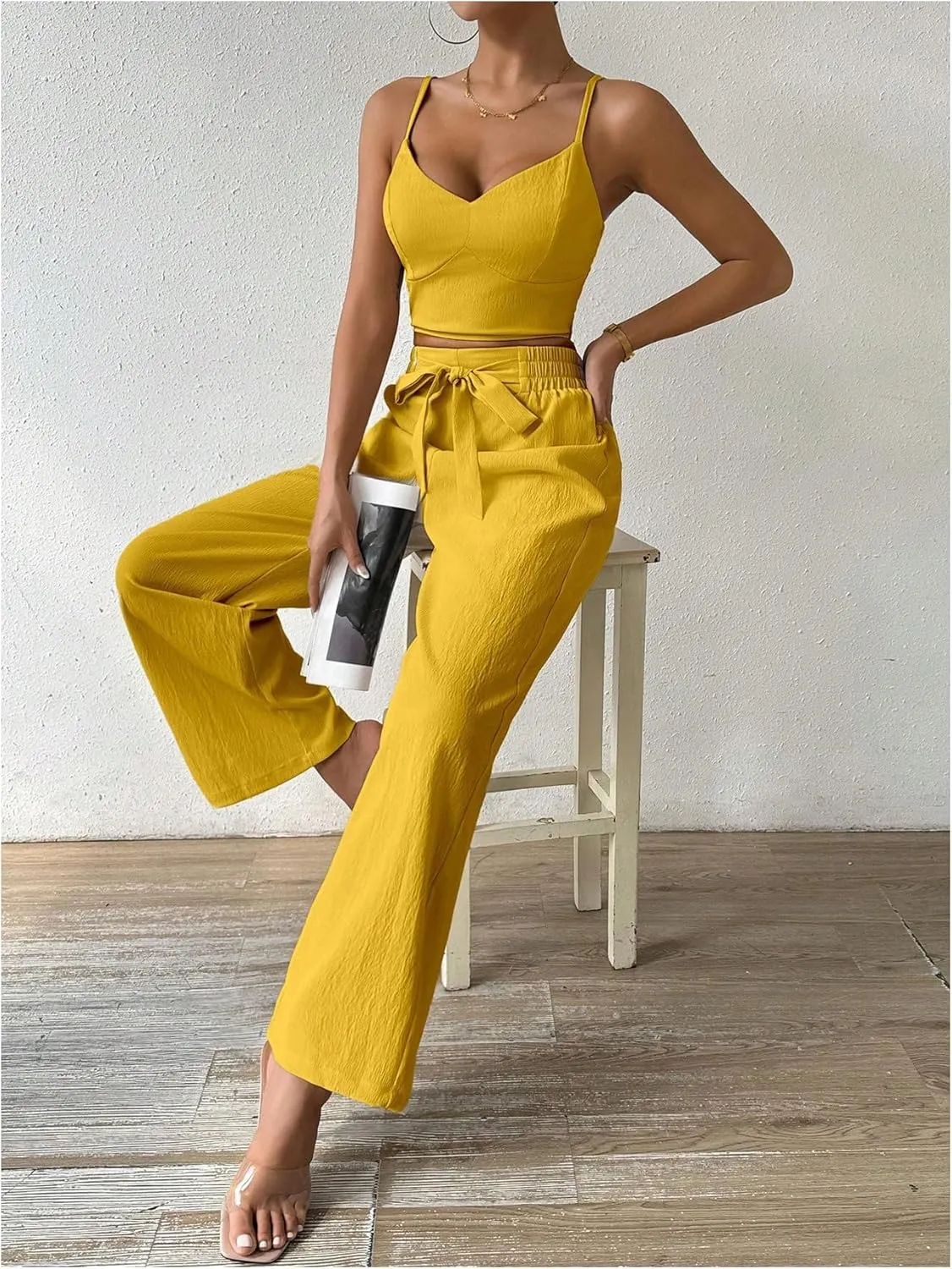 WDIRARA Women's 2 Piece Outfits V Neck Shirred Crop Cami Top and Belted Wide Leg Pants Set