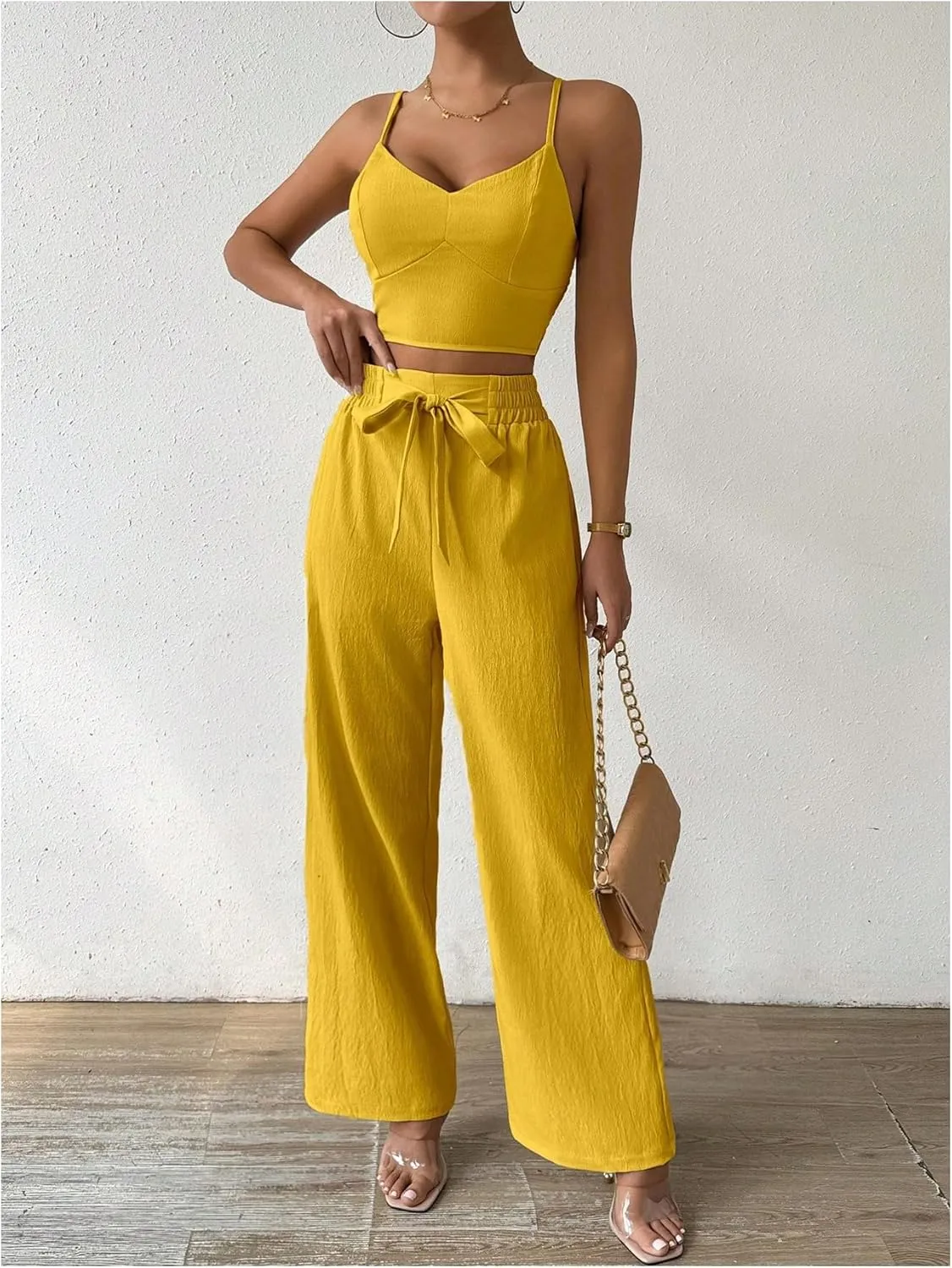 WDIRARA Women's 2 Piece Outfits V Neck Shirred Crop Cami Top and Belted Wide Leg Pants Set