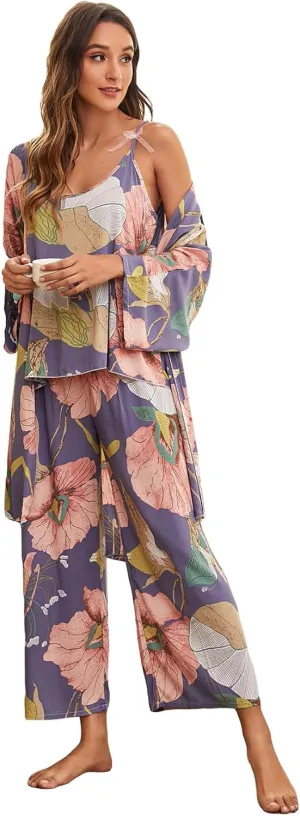 WDIRARA Women's 3 pcs Sleepwear Leaf Print Cami and Pants Pajama Set with Robe