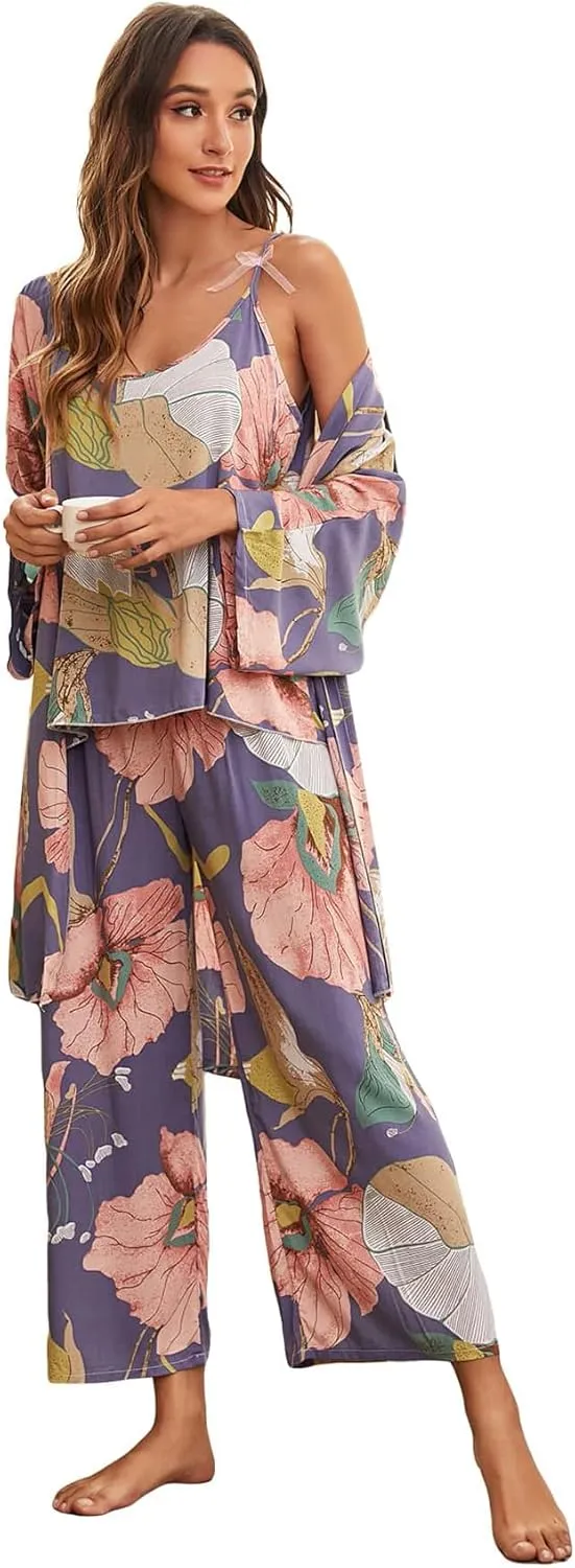 WDIRARA Women's 3 pcs Sleepwear Leaf Print Cami and Pants Pajama Set with Robe