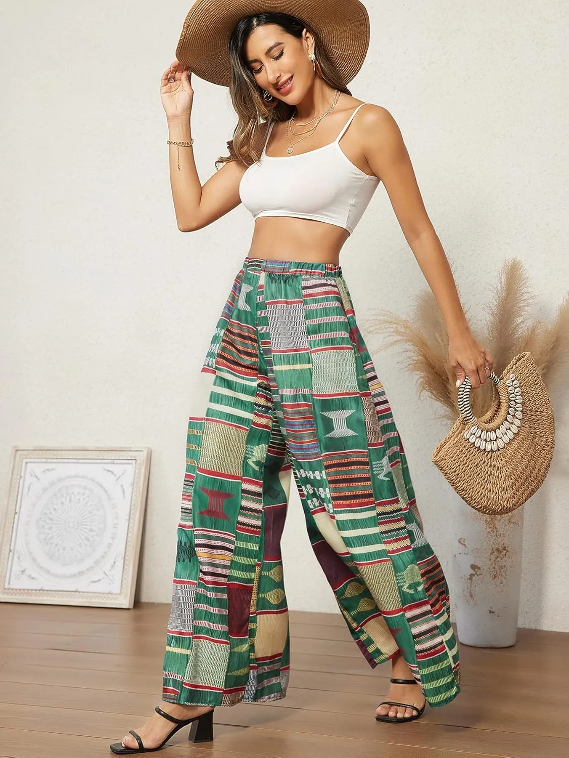 WDIRARA Women's All Over Print Patchwork Wide Leg Hippie Elastic High Waist Boho Pants