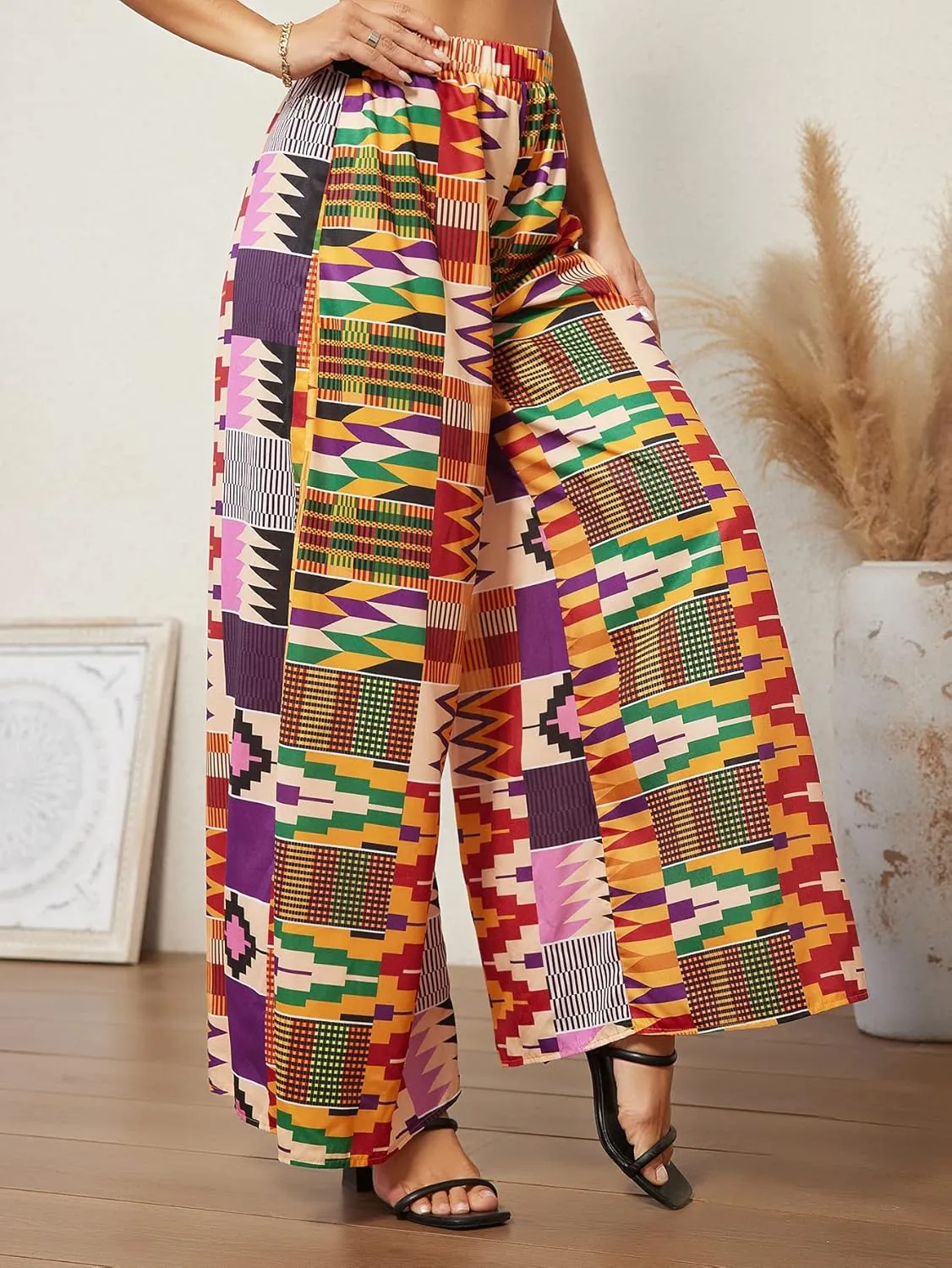 WDIRARA Women's All Over Print Patchwork Wide Leg Hippie Elastic High Waist Boho Pants