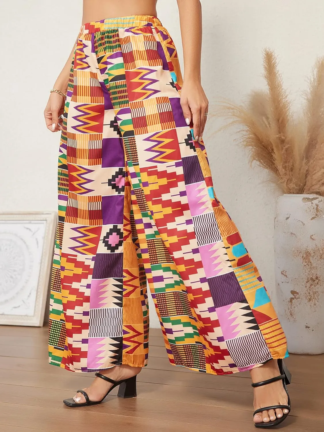 WDIRARA Women's All Over Print Patchwork Wide Leg Hippie Elastic High Waist Boho Pants