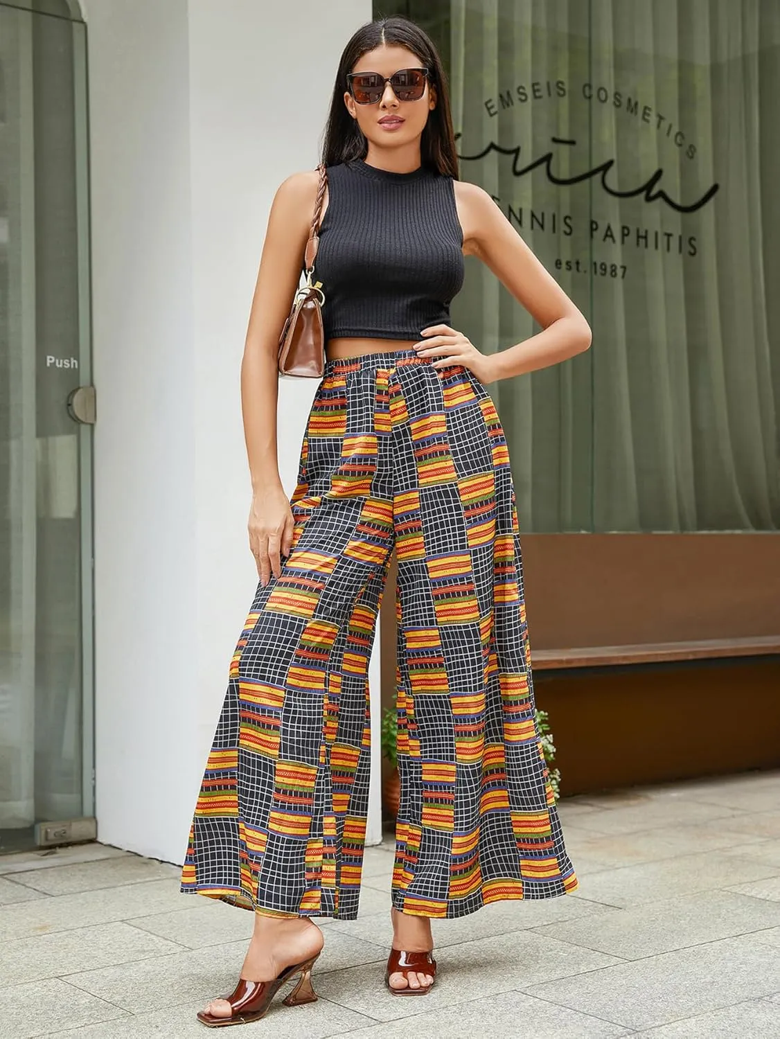 WDIRARA Women's All Over Print Patchwork Wide Leg Hippie Elastic High Waist Boho Pants