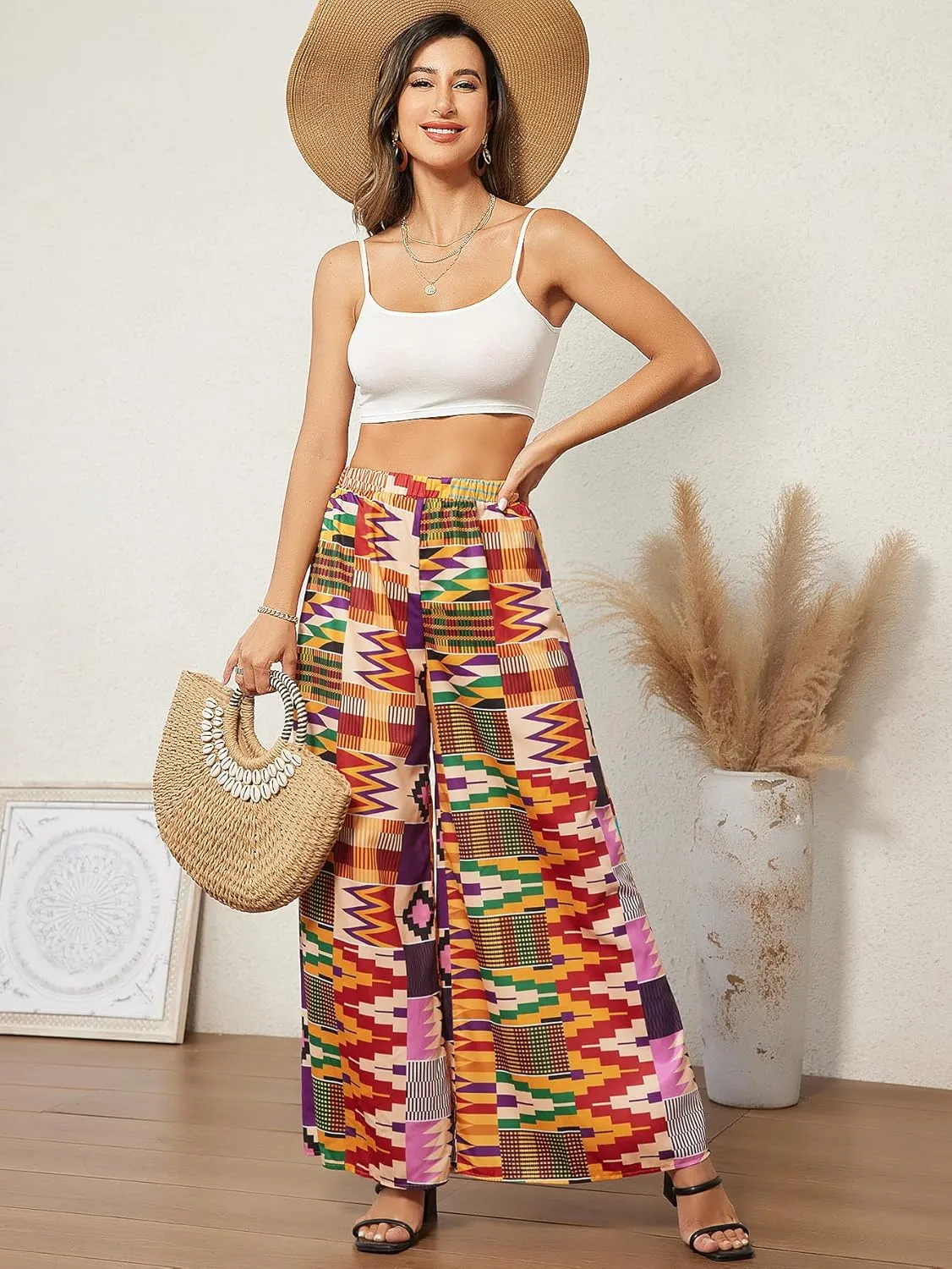 WDIRARA Women's All Over Print Patchwork Wide Leg Hippie Elastic High Waist Boho Pants