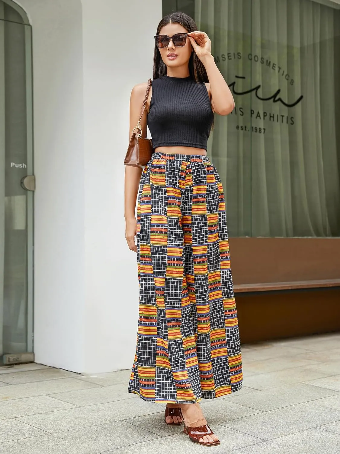 WDIRARA Women's All Over Print Patchwork Wide Leg Hippie Elastic High Waist Boho Pants