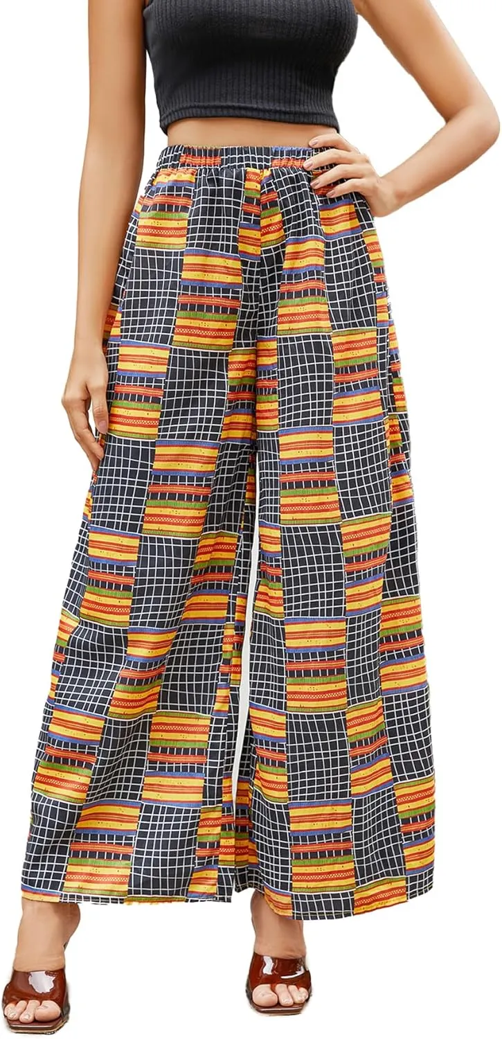 WDIRARA Women's All Over Print Patchwork Wide Leg Hippie Elastic High Waist Boho Pants