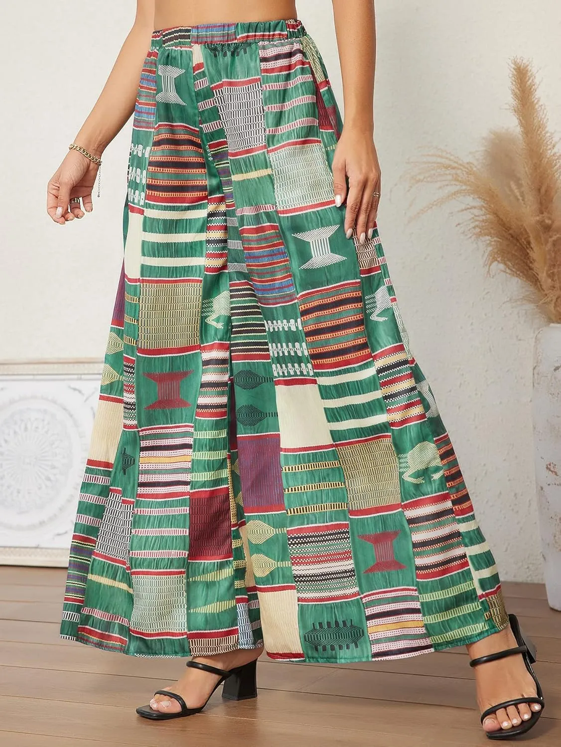 WDIRARA Women's All Over Print Patchwork Wide Leg Hippie Elastic High Waist Boho Pants