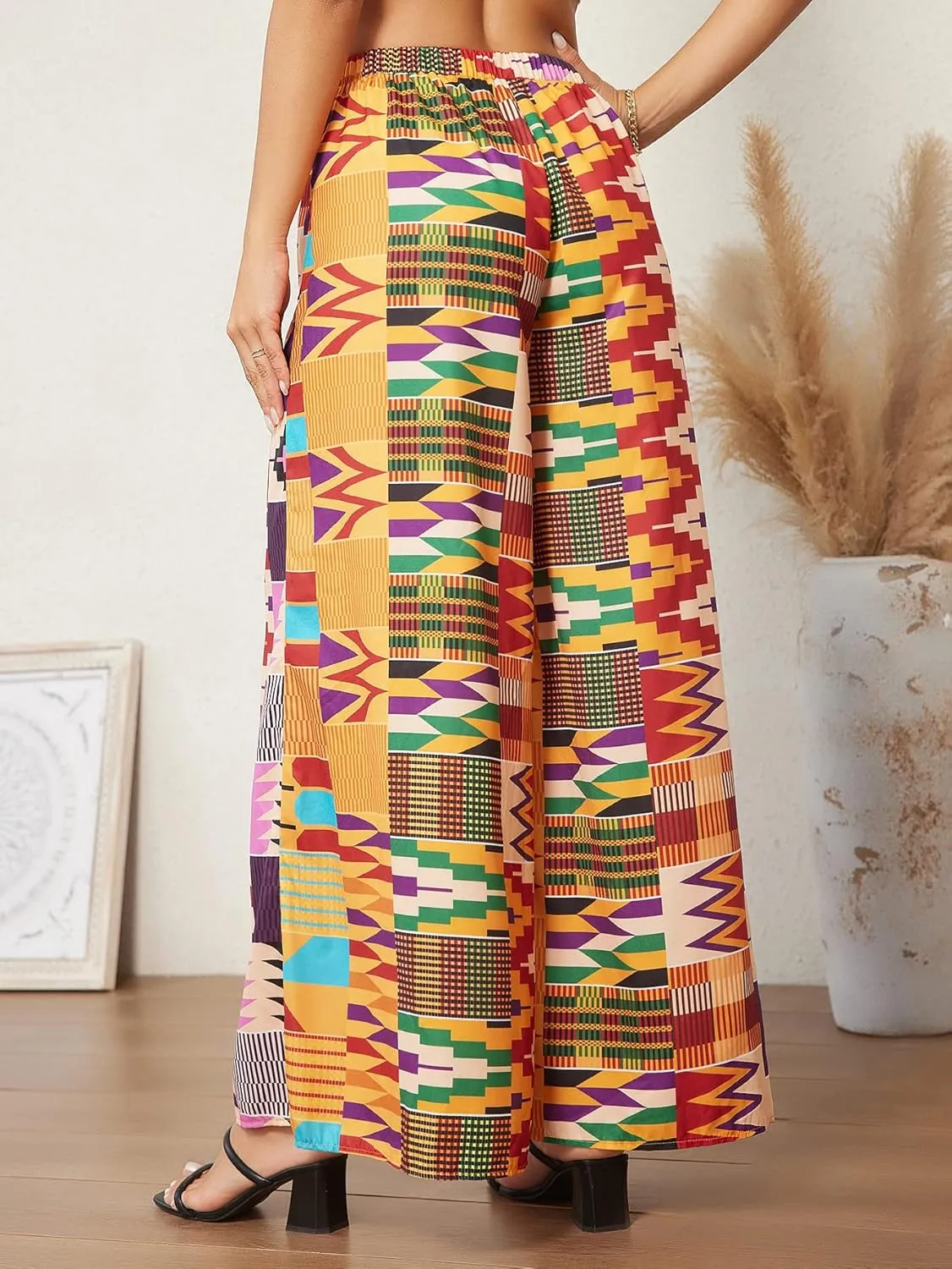 WDIRARA Women's All Over Print Patchwork Wide Leg Hippie Elastic High Waist Boho Pants