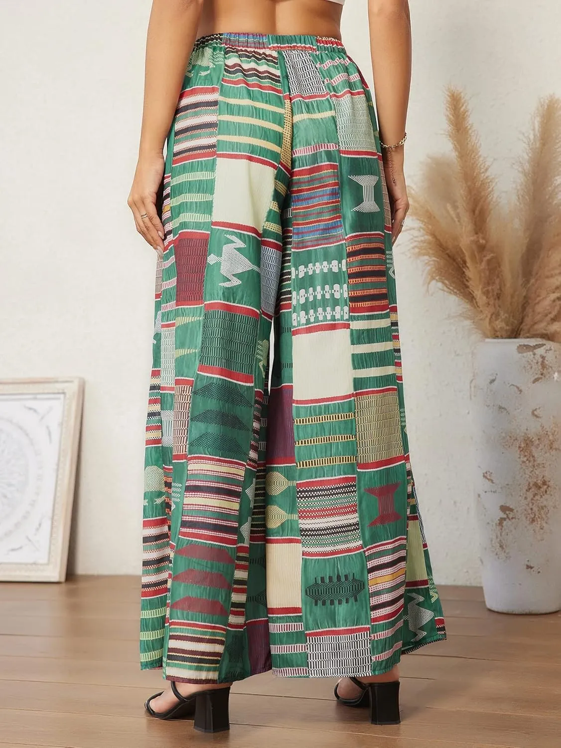 WDIRARA Women's All Over Print Patchwork Wide Leg Hippie Elastic High Waist Boho Pants