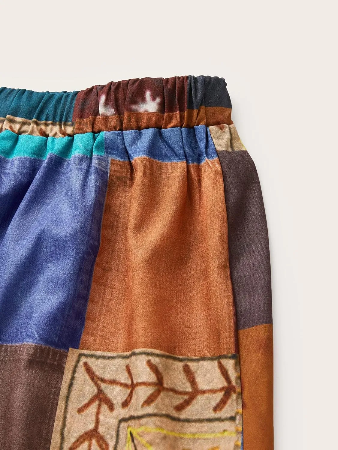 WDIRARA Women's All Over Print Patchwork Wide Leg Hippie Elastic High Waist Boho Pants
