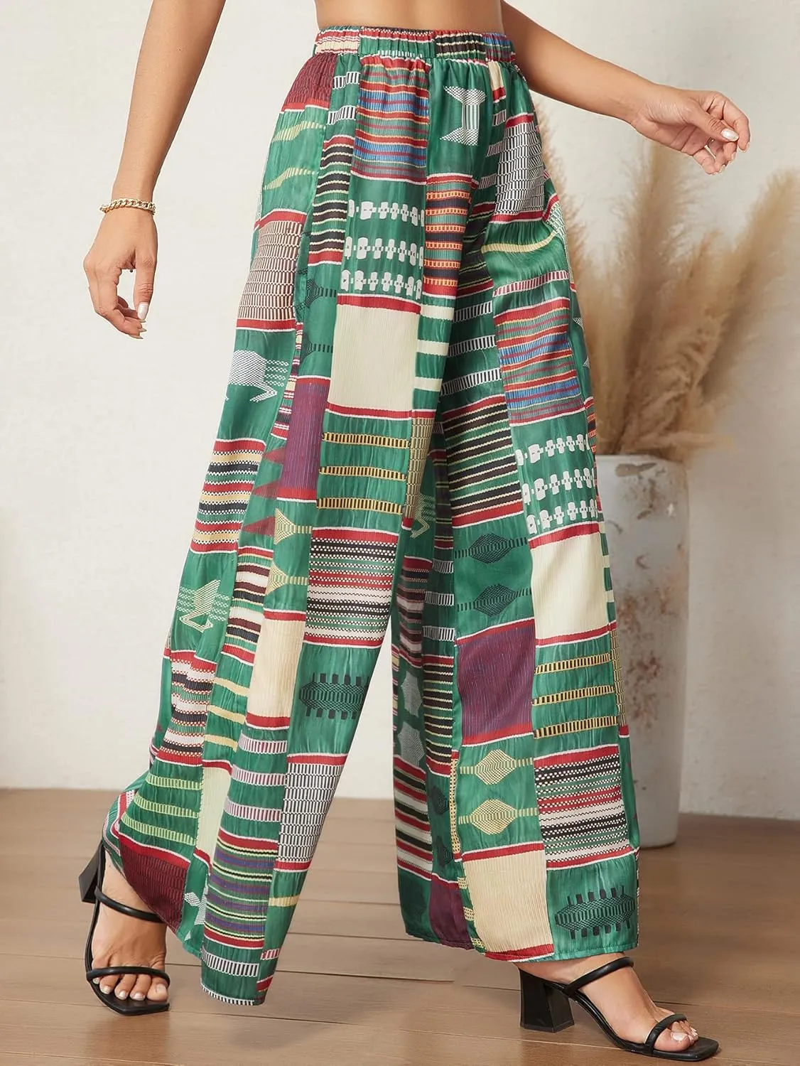 WDIRARA Women's All Over Print Patchwork Wide Leg Hippie Elastic High Waist Boho Pants