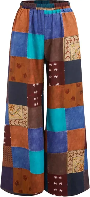WDIRARA Women's All Over Print Patchwork Wide Leg Hippie Elastic High Waist Boho Pants