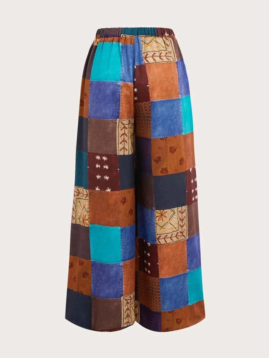WDIRARA Women's All Over Print Patchwork Wide Leg Hippie Elastic High Waist Boho Pants