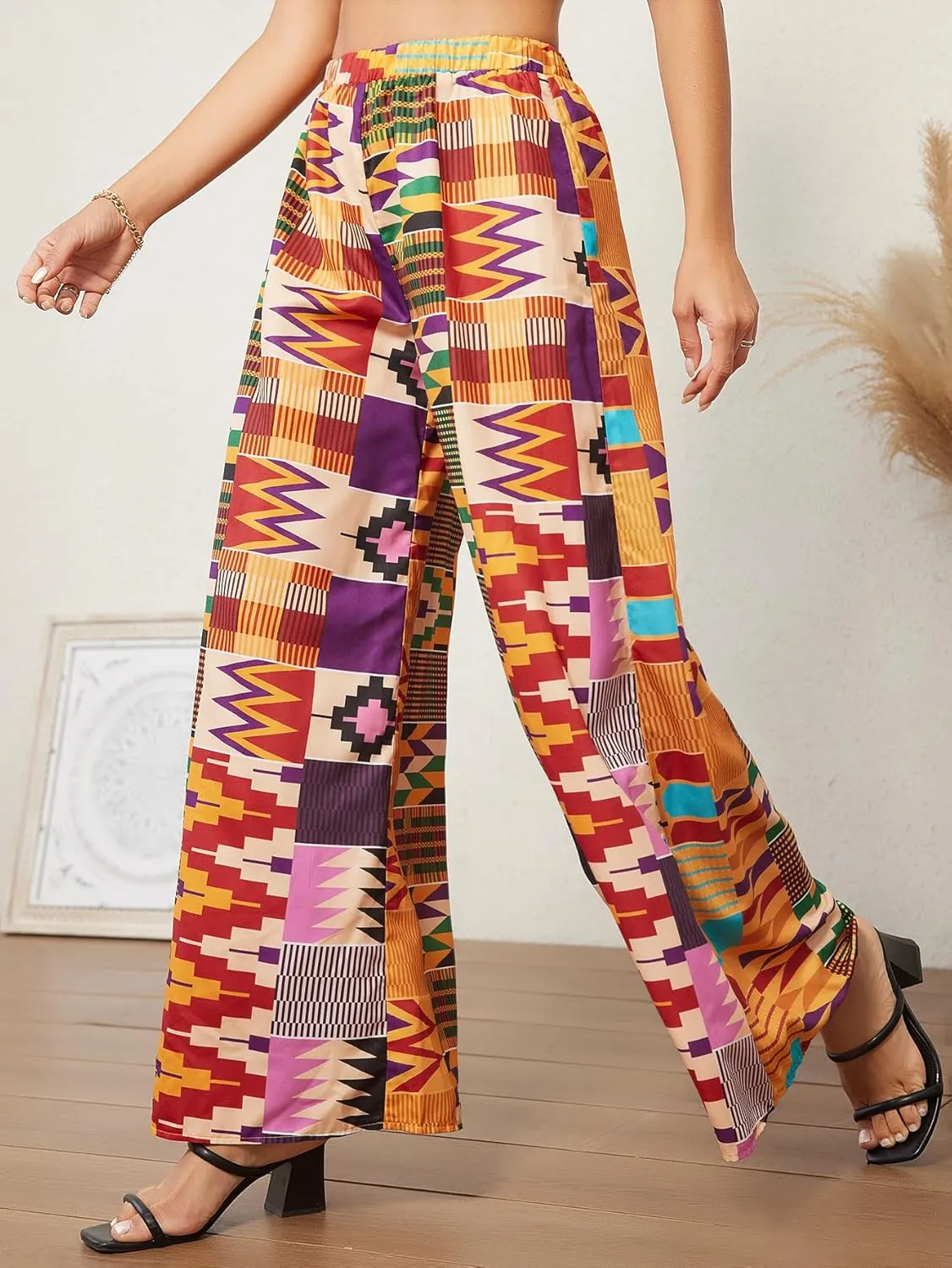WDIRARA Women's All Over Print Patchwork Wide Leg Hippie Elastic High Waist Boho Pants