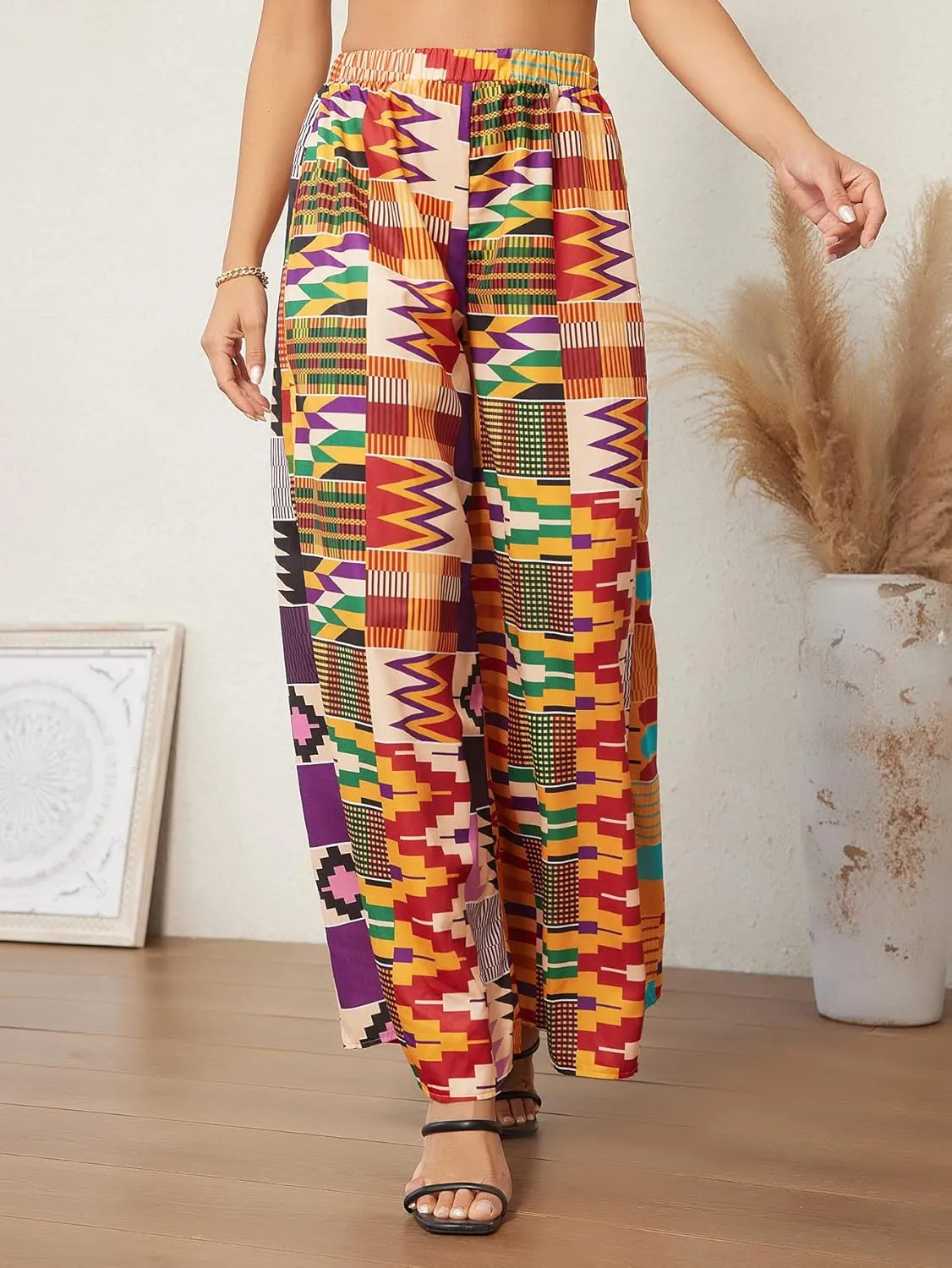 WDIRARA Women's All Over Print Patchwork Wide Leg Hippie Elastic High Waist Boho Pants