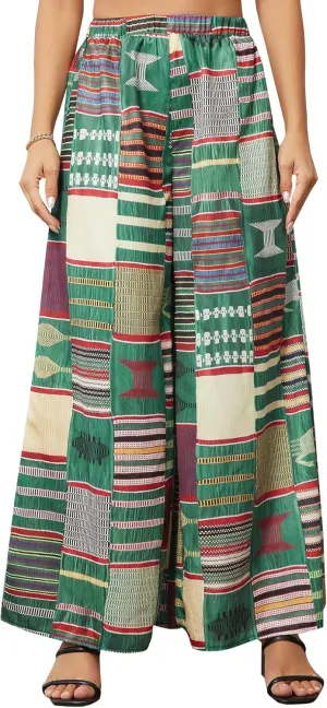 WDIRARA Women's All Over Print Patchwork Wide Leg Hippie Elastic High Waist Boho Pants