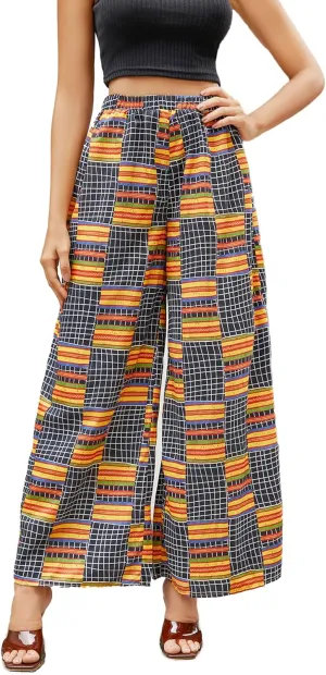 WDIRARA Women's All Over Print Patchwork Wide Leg Hippie Elastic High Waist Boho Pants