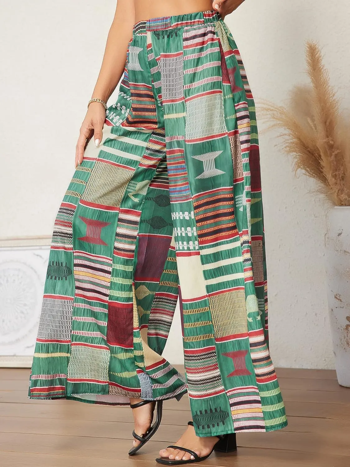 WDIRARA Women's All Over Print Patchwork Wide Leg Hippie Elastic High Waist Boho Pants