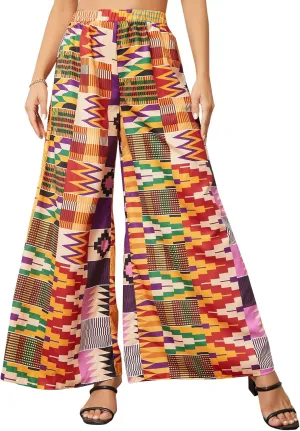 WDIRARA Women's All Over Print Patchwork Wide Leg Hippie Elastic High Waist Boho Pants