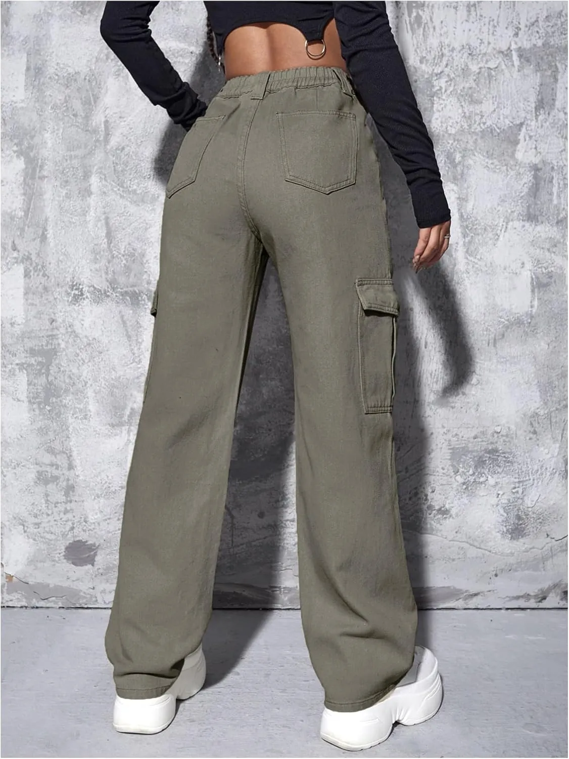 WDIRARA Women's Camo Print Cargo Jeans High Waist Wide Leg Denim Army Pants