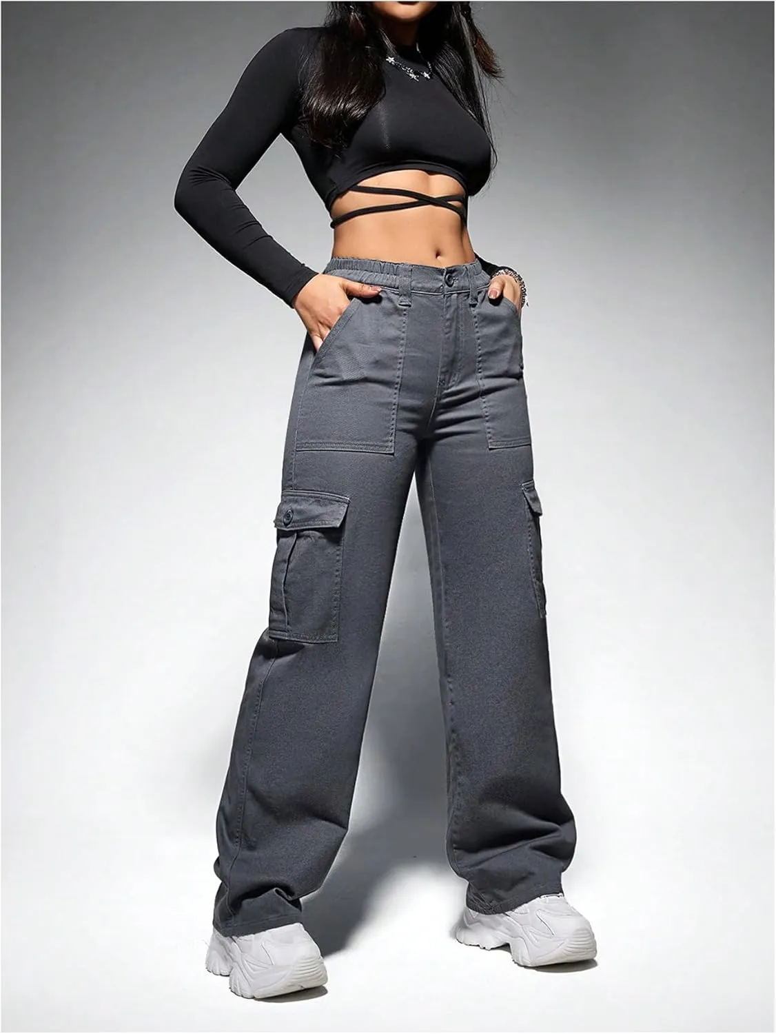 WDIRARA Women's Camo Print Cargo Jeans High Waist Wide Leg Denim Army Pants